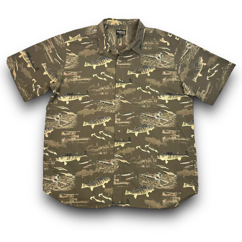 NEW Guide Series Fish Print Short Sleeve Button Front Shirt Cotton Green 2XL